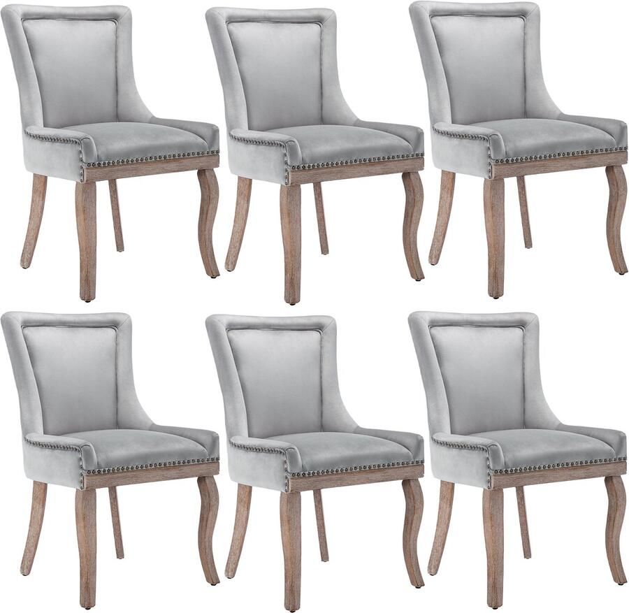 Ojiuboo -Modern Luxury Series Eetkamerstoelenset Fluwelen bekleding Stevige poten van massief hout Rugleuning met spijkerkoprand Grijs Set van 6 stuks
