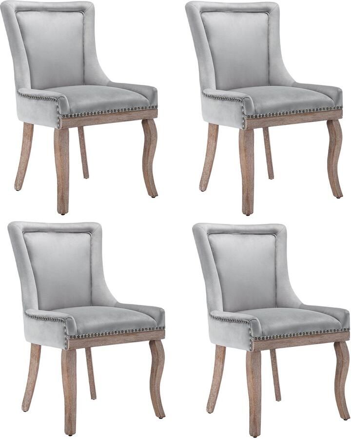 Ojiuboo -Modern Luxury Series Eetkamerstoelenset Fluwelen bekleding Stevige poten van massief hout Rugleuning met spijkerkoprand Grijs Set van 4 stuks
