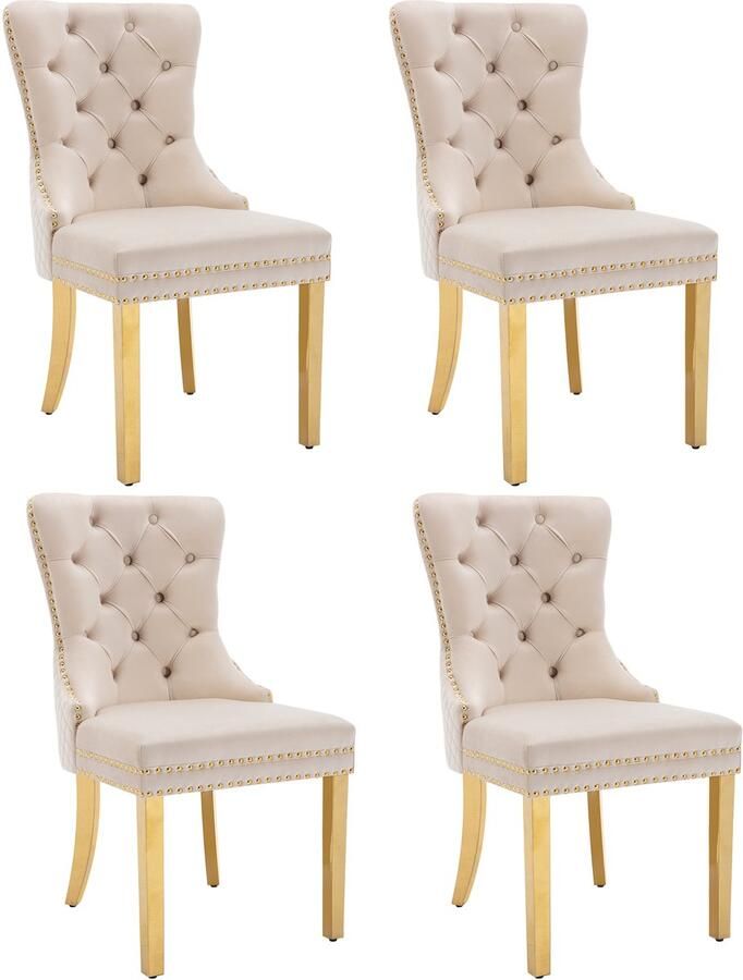 Ojiuboo -Modern Luxury Series Eetkamerstoelenset Fluwelen bekleding Vergulde roestvrijstalen poten Ronde rugleuning Beige + Goud 4-delige set