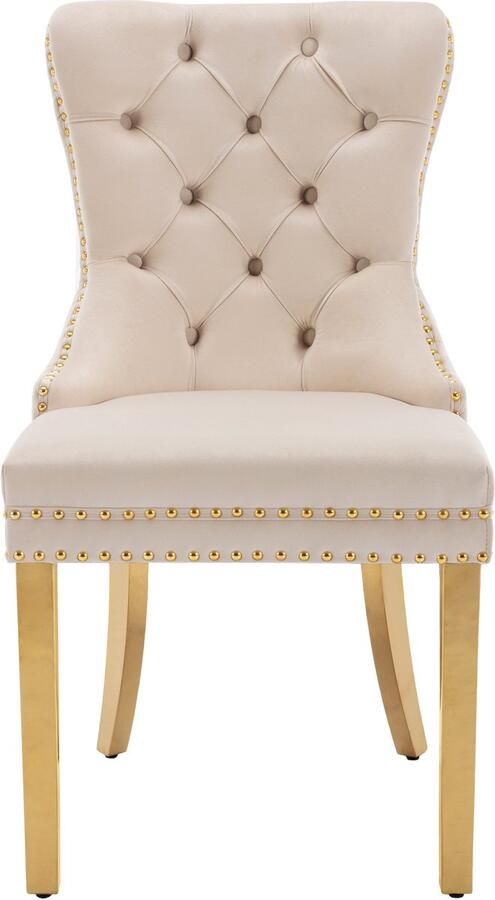 Ojiuboo -Modern Luxury Series Eetkamerstoelenset Fluwelen bekleding Vergulde roestvrijstalen poten Ronde rugleuning Beige + Goud 6-delige set