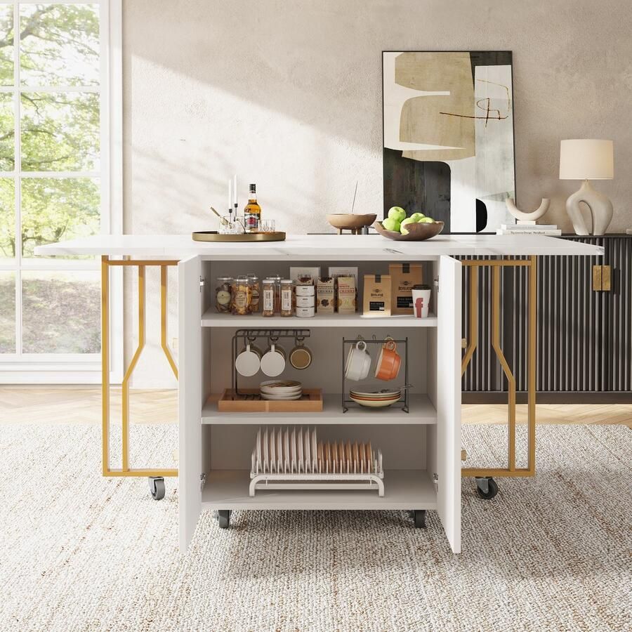 Ojiuboo -Modern Series Draagbare uitschuifbare eettafel Opklapbaar tafelblad van gemarmerd MDF Verstelbare opbergruimte 6 wielen met 2 vergrendelbare wielen Wit + goud 80-140x75cm