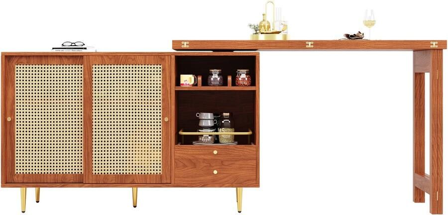 Ojiuboo -Modern Series Uitschuifbare bartafel Donker MDF-blad met houtnerf Opbergruimte met rotandeur 360 graden draaibaar ontwerp Bruin + goud 107-187 x 40 cm