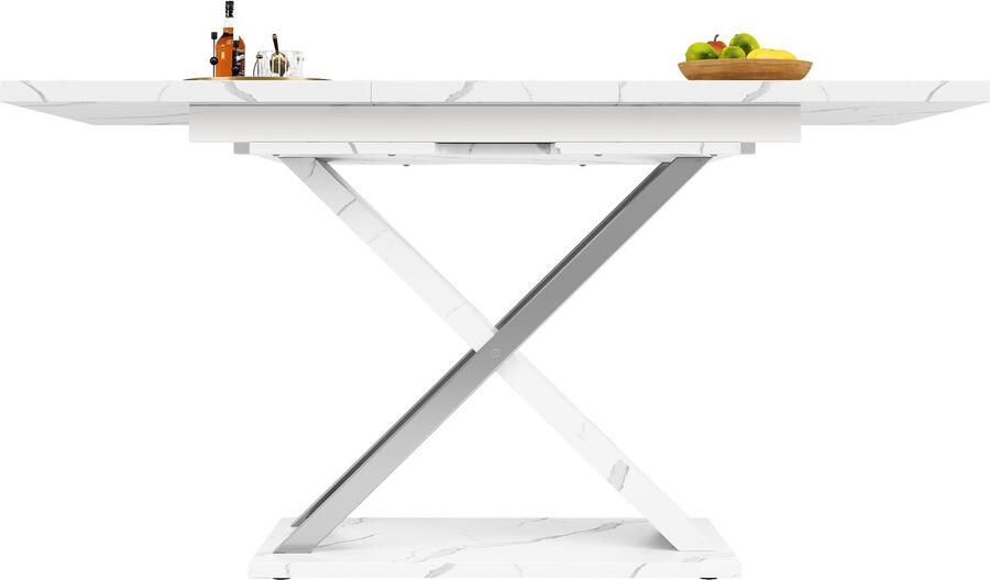 Ojiuboo -Modern Series Uitschuifbare eettafel MDF marmeren blad Gekruiste metalen poten Vergrendelbaar schuifsysteem Wit + Zwart 118-157x75 cm