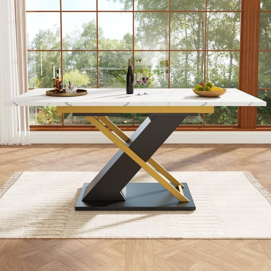 Ojiuboo -Modern Series Uitschuifbare eettafel Wit gemarmerd MDF-blad Gouden X-vormige metalen poten met vergrendelbare geleiders Wit + Goud 120-160x80 cm