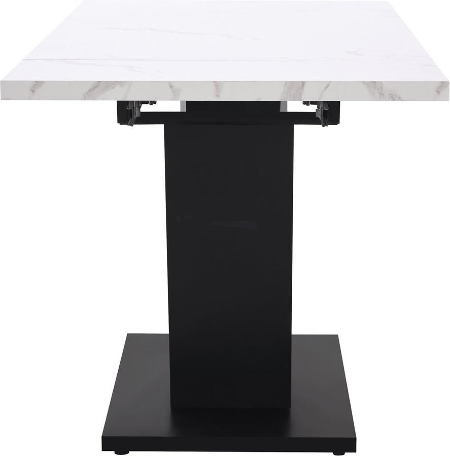 Ojiuboo -Modern Series Uitschuifbare eettafel Wit gemarmerd MDF-blad V-vormige metalen kruispoten 75 cm breed met metalen railsysteem Wit + Zwart 99-159x75cm