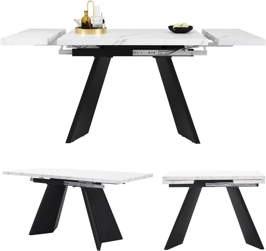 Ojiuboo -Modern Series Uitschuifbare eettafel Wit gemarmerd MDF-blad Verstelbare poten van verdikt koolstofstaal Wit + Zwart 99-159x74 cm