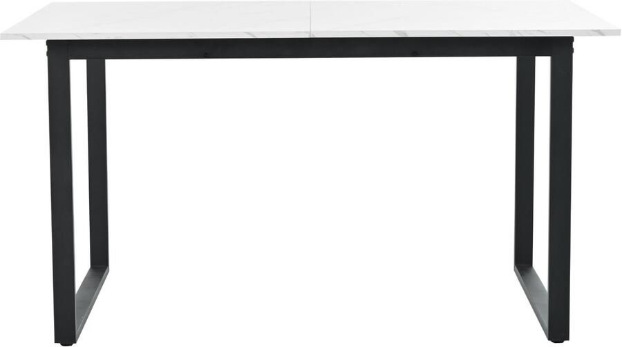 Ojiuboo -Modern Series Uitschuifbare eettafel Wit gemarmerd MDF-blad Versterkte metalen vierkante buispoten Wit + Zwart 140-180x80 cm