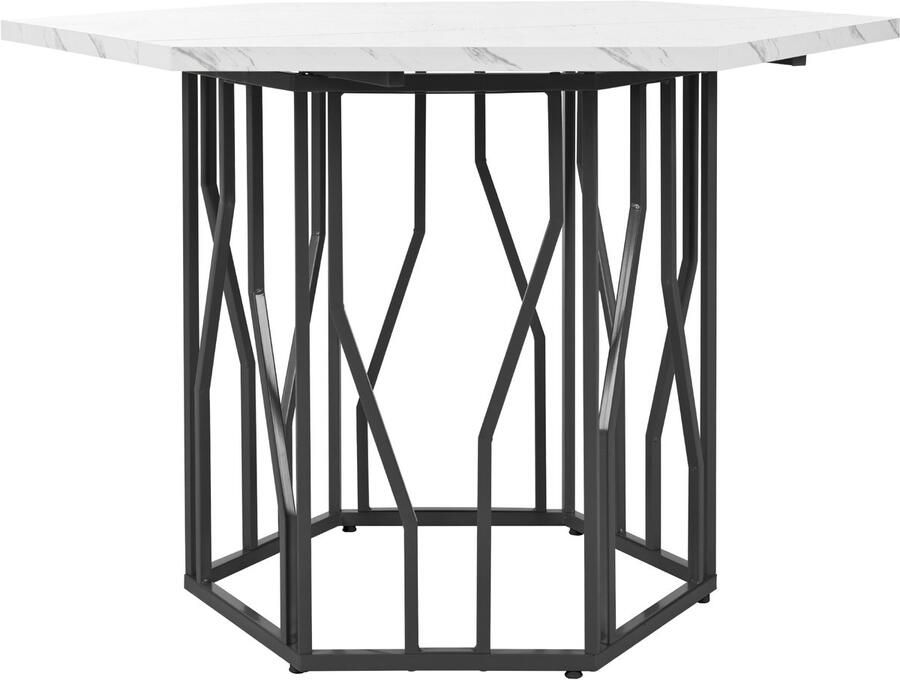 Ojiuboo -Modern Series Zeshoekige eettafel Gemarmerd MDF-blad Zwart takvormig metalen frame Wit + Zwart 115 5 x 100 cm