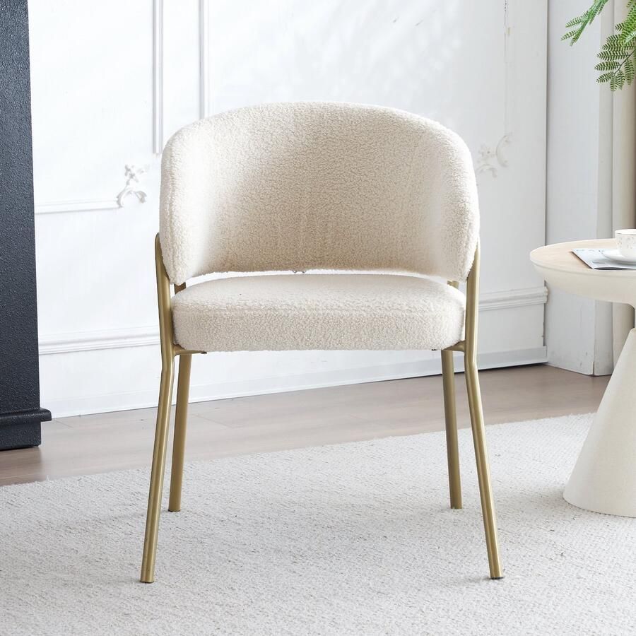 Ojiuboo -Moderne eetkamerstoel van goudkleurig lamsleer met gouden poten en witte micro-nude schapenvacht zitting geschikt voor interieurstijlen hoogwaardig comfort stijlvolle decoratie geschikt voor thuis en in de eetkamer (wit 4-delige