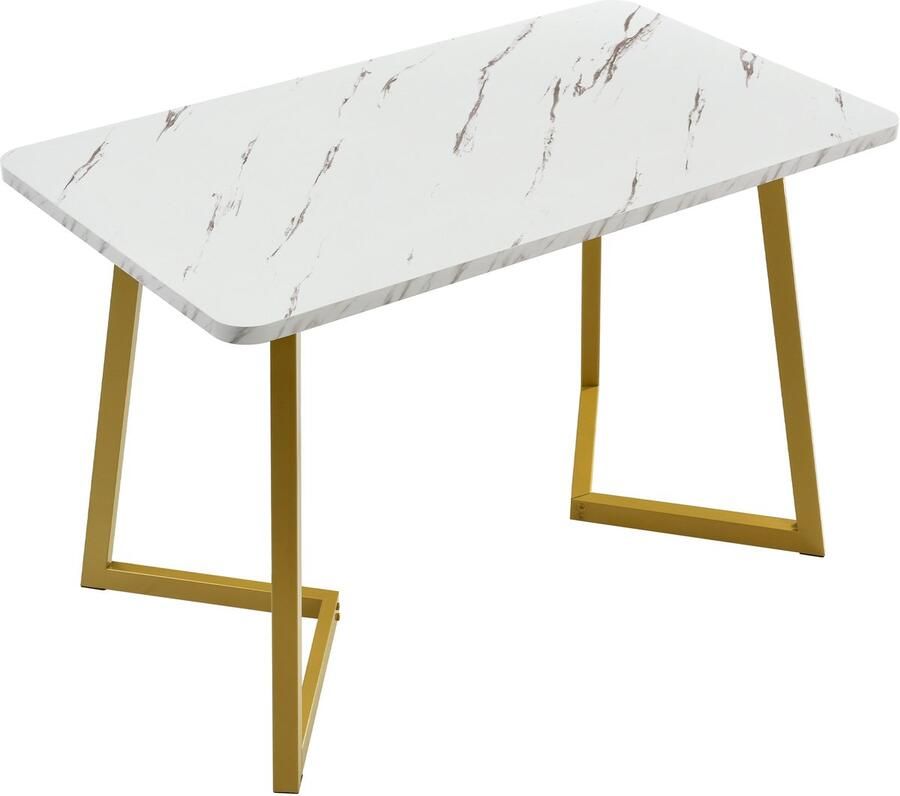 Ojiuboo -Moderne eettafel met marmerpatroon metalen frame gouden ijzeren poten geschikt voor eetkamer keuken en woonkamer wit goud 117x68cm