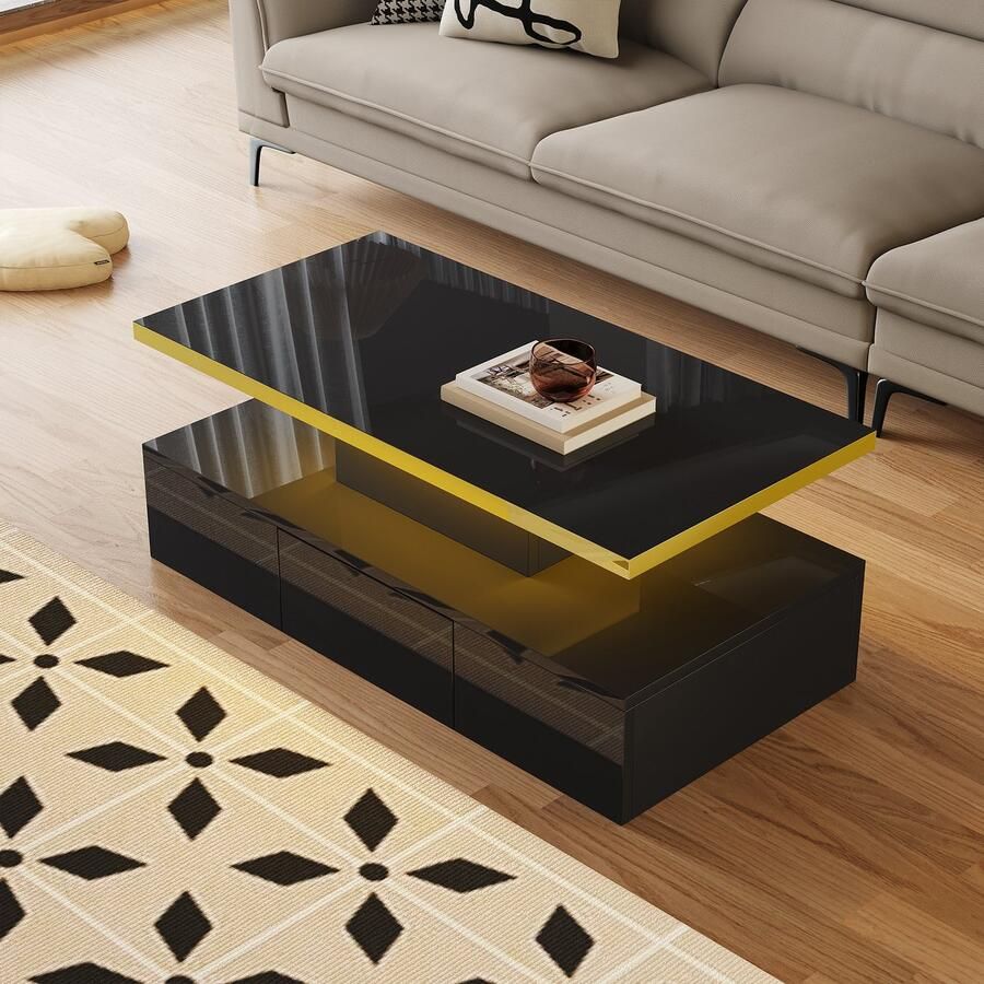 Ojiuboo —Moderne hoogglans LED salontafel Rechthoekige bijzettafel met twee niveaus en opbergruimte met verborgen lade en verlichting Zwarte hoogglanslak 100x50x38 5cm