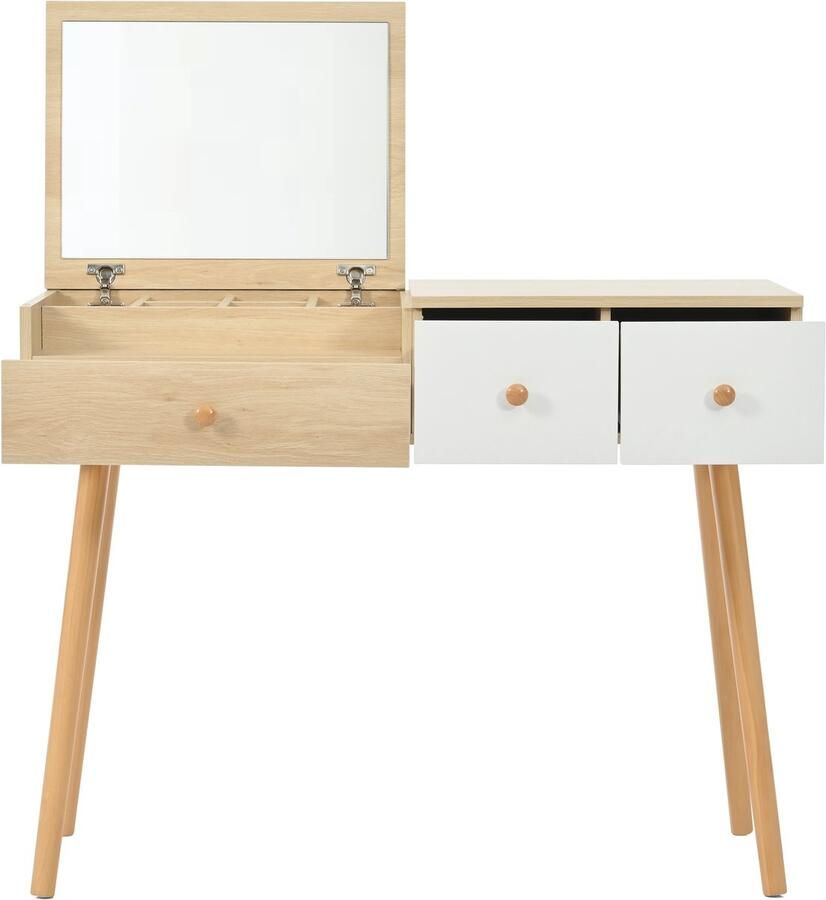 Ojiuboo Moderne kaptafel met spiegel en lade Kaptafel met drie laden en opbergruimte Natuurlijke kleur + Wit 100×40×78cm (exclusief kruk)