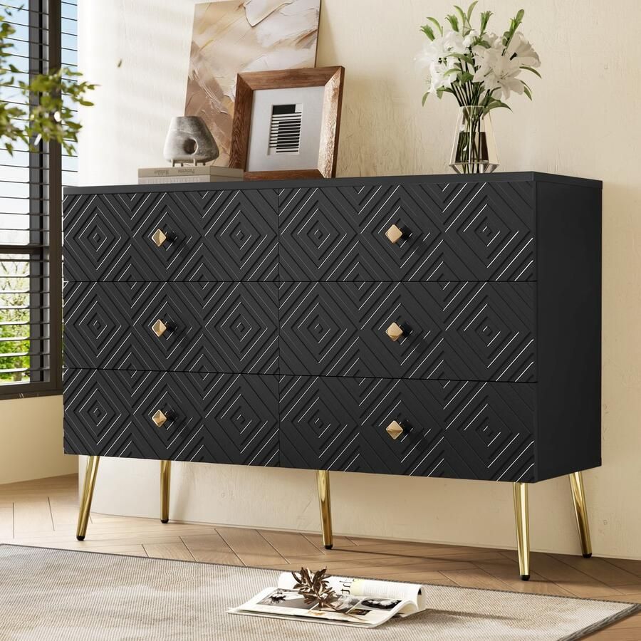 Ojiuboo —Moderne ladekast met zes laden 120x40x80cm Zwart en goud Geometrisch patroon + diamantvormige handgrepen Gouden hoge poten Opbergruimte voor slaapkamer woonkamer entree