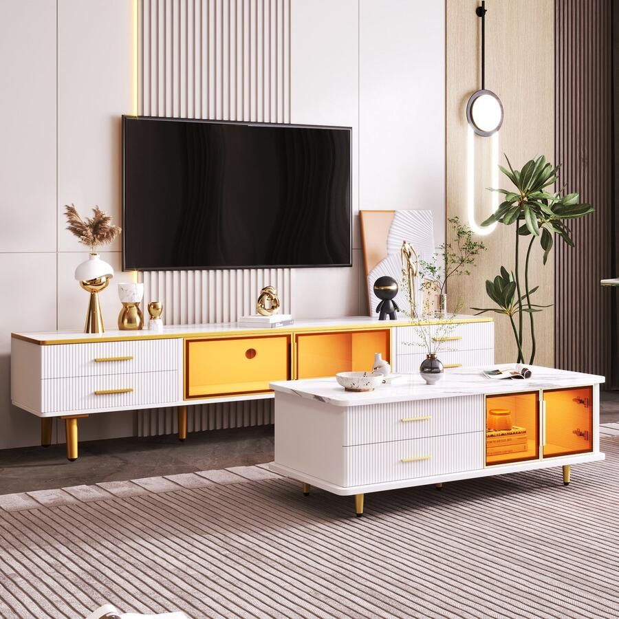 Ojiuboo —Moderne lichte luxe salontafel Marmeren blad + bijzettafel met gehard glazen deur Wave lade + gouden handgrepen kleurveranderende led-lichtstrip 100x50x40cm