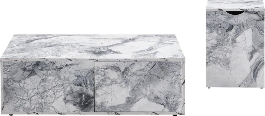 Ojiuboo -Moderne marmeren salontafel Tweedelige bijzettafelset Woonkamerbank en balkontafel Wit + Teal marmertextuur 100*33 5*70 cm + 32*32*50 cm