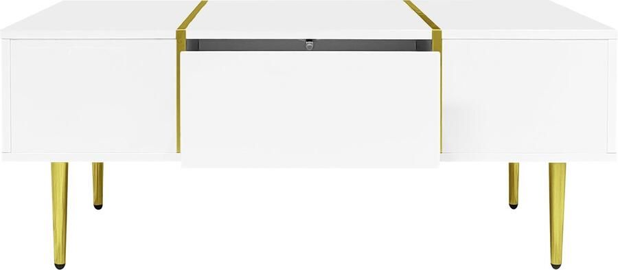 Ojiuboo -Moderne salontafel met dubbele lades Witte hoogglans afwerking Metalen accenten 100x60x41 5 cm