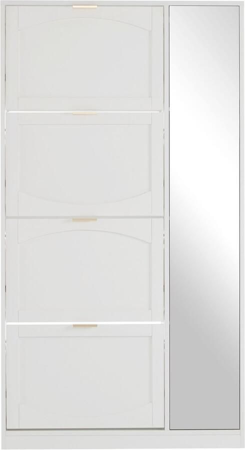 Ojiuboo Moderne schoenenkast met spiegel Vier opvouwbare opbergvakken met klep + verstelbare plank met deur rechts Schoenenrek voor in de hal Wit afmeting 80x147x24cm