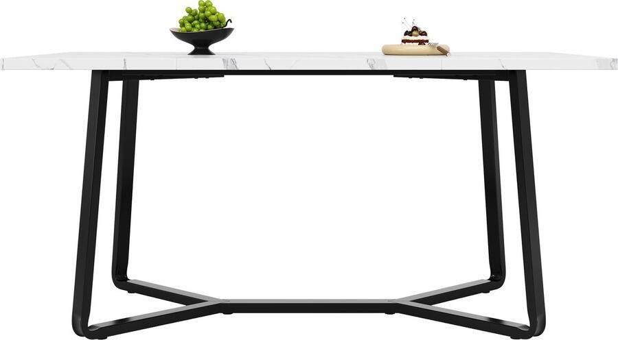 Ojiuboo -Moderne Serie Rechthoekige Eettafel Verdikt MDF Marmeren Blad Zwarte Metalen Poten Verstelbare Knoppen Wit + Zwart 108 8 x 75 cm