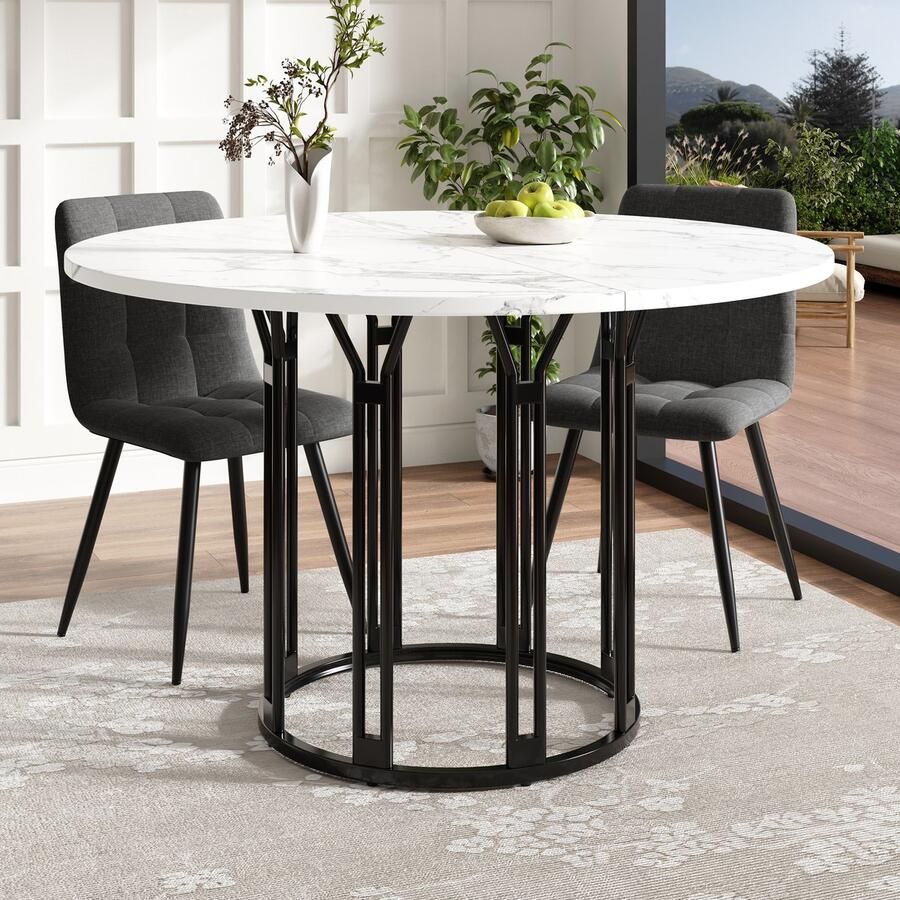 Ojiuboo -Moderne Serie Ronde Eettafel Gemarmerd MDF Blad Gouden Metalen Poten Zwart 100 cm