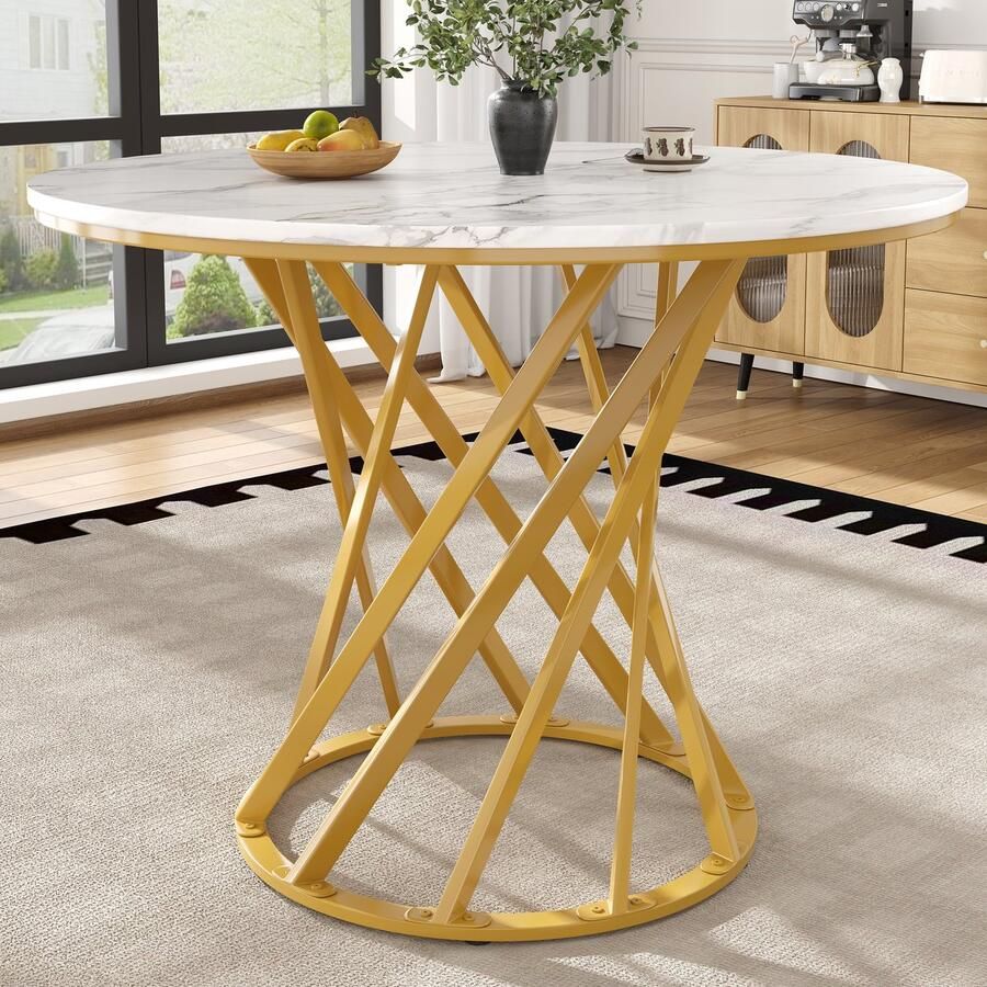 Ojiuboo -Moderne Serie Ronde Eettafel Gemarmerd MDF Blad Gouden Verstelbare Metalen Poten Wit + Goud 80 cm