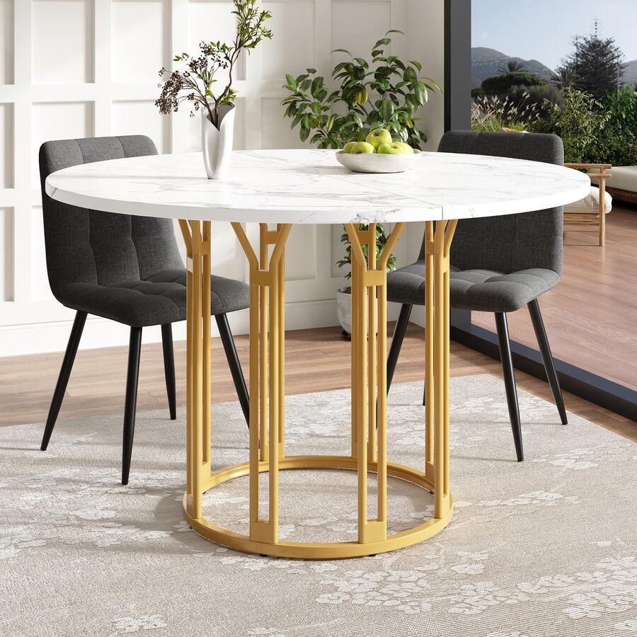 Ojiuboo -Moderne Serie Ronde Eettafel Gemarmerd MDF Blad Goudkleurige Metalen Poten Goud 100 cm