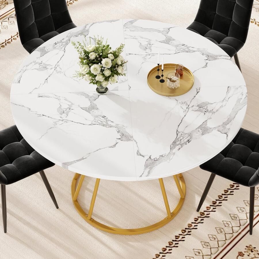 Ojiuboo -Moderne Serie Ronde Eettafel Gemarmerd MDF Blad Metalen Poten met Opbergruimte Goud 100 cm