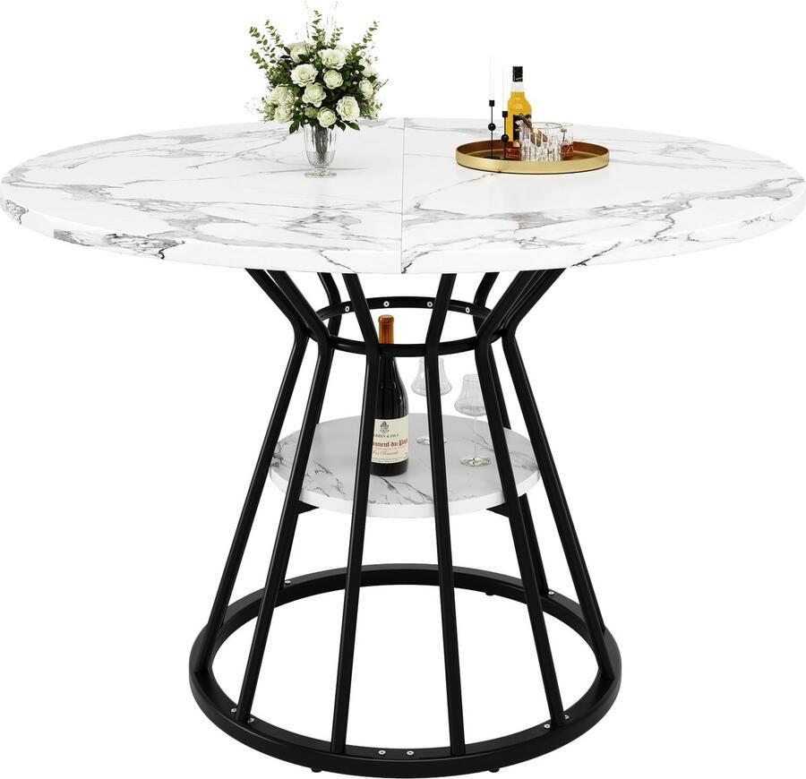 Ojiuboo -Moderne Serie Ronde Eettafel Gemarmerd MDF Blad Metalen Poten met Opbergruimte Zwart 100 cm