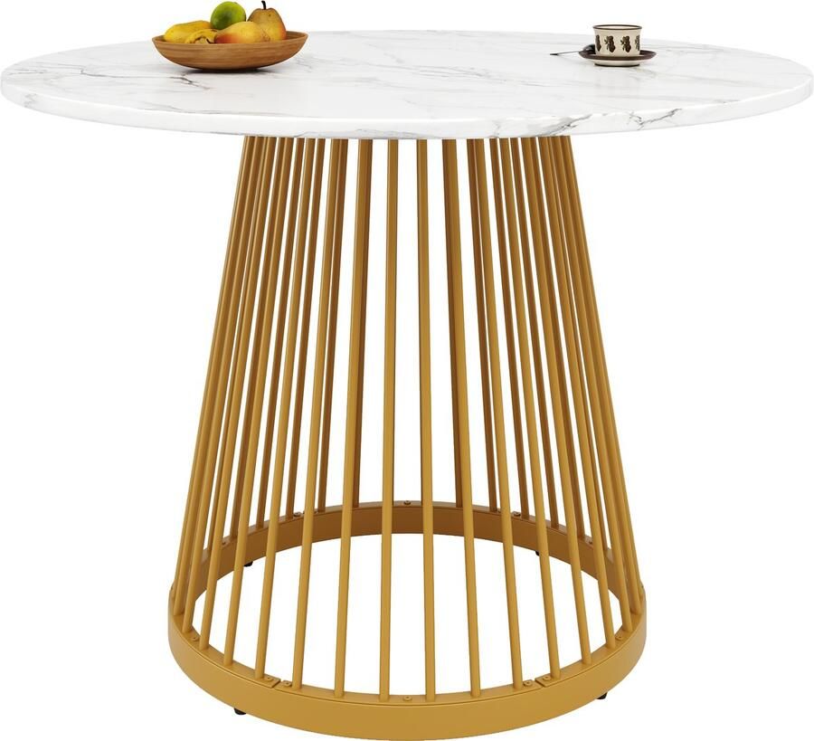 Ojiuboo -Moderne Serie Ronde Eettafel MDF Marmeren Blad Gouden Metalen Poten Verstelbare Knoppen Wit + Goud 80 cm