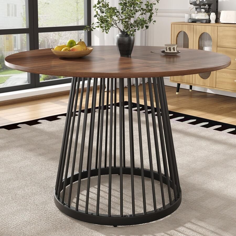 Ojiuboo -Moderne Serie Ronde Eettafel MDF Notenhouten Blad Zwarte Metalen Poten Verstelbare Knoppen Donkerbruin + Zwart 80 cm