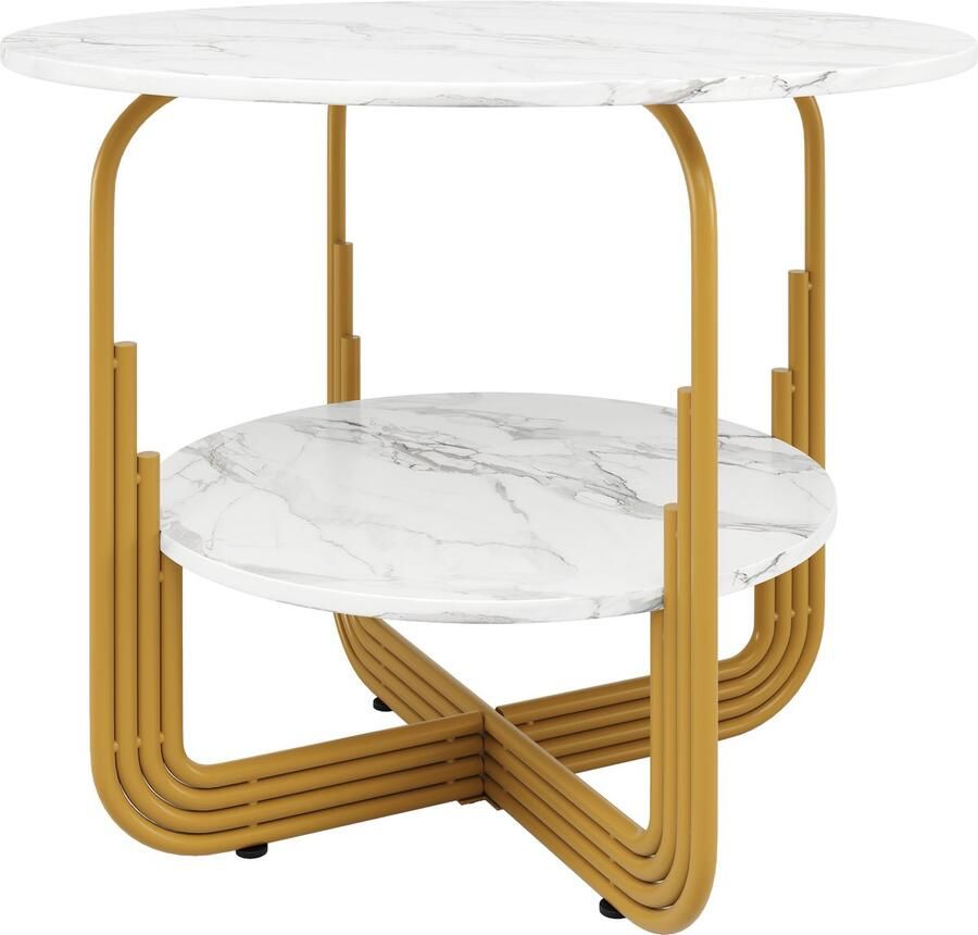 Ojiuboo -Moderne Serie Ronde Eettafel Verdikt MDF Marmeren Blad Gouden Kruispoten met Opbergruimte Wit + Goud 80 cm