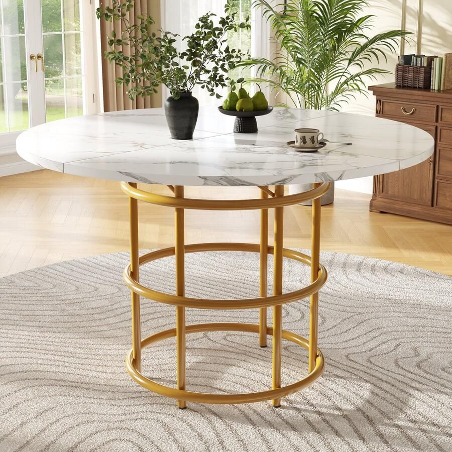 Ojiuboo -Moderne Serie Ronde Eettafel Verdikt MDF Marmeren Blad Gouden Metalen Poten Verstelbare Knoppen Wit + Goud 100 cm
