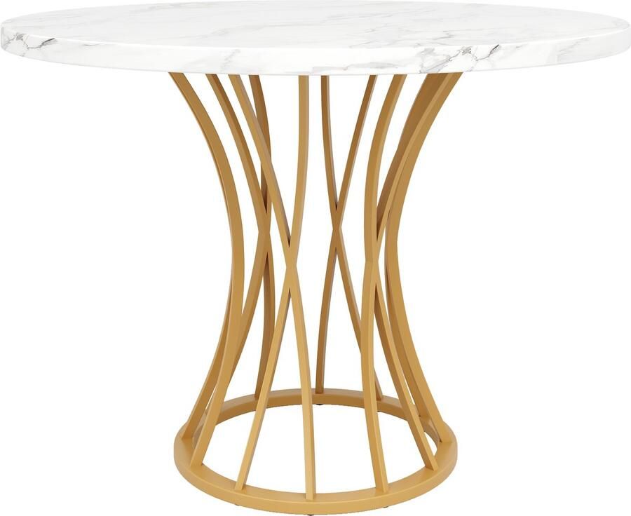 Ojiuboo -Moderne Serie Ronde Eettafel Verdikt MDF Marmeren Blad Gouden Metalen Poten Verstelbare Knoppen Wit + Goud 80 cm