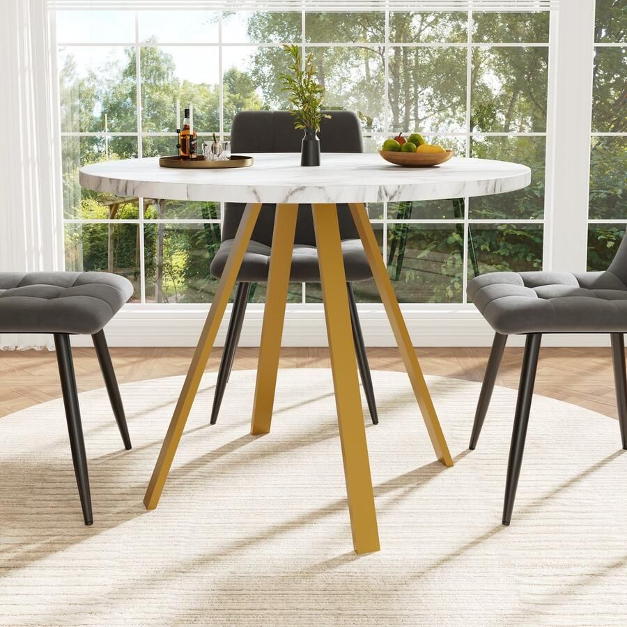 Ojiuboo -Moderne Serie Ronde Eettafel Wit Gemarmerd MDF Blad Goudkleurige Metalen Poten Wit + Goud 80 cm
