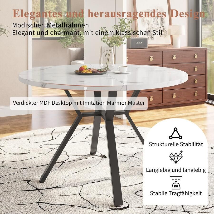Ojiuboo -Moderne Serie Ronde Eettafel Wit Gemarmerd MDF Blad Zwarte X-vormige Metalen Beugel Wit + Zwart 100 cm