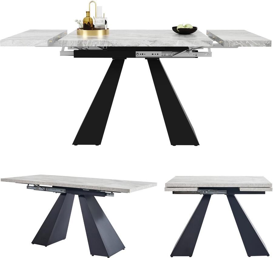Ojiuboo -Moderne Serie Uitschuifbare Eettafel Grijs Gemarmerd MDF Tafelblad Poten van Verdikt Koolstofstaal Verstelbare Antislipnoppen Grijs + Zwart 99-159x74 cm