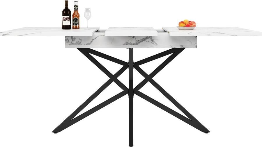 Ojiuboo -Moderne Serie Uitschuifbare Eettafel Tafelblad van Notenhout Imitatiemarmer Stervormige Metalen Poten Wit + Zwart 120(160)x80 cm
