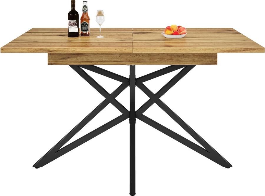 Ojiuboo -Moderne Serie Uitschuifbare Eettafel Tafelblad van Notenhout met Imitatiemarmer Stervormige Metalen Poten Notenhout + Zwart 120(160)x80 cm