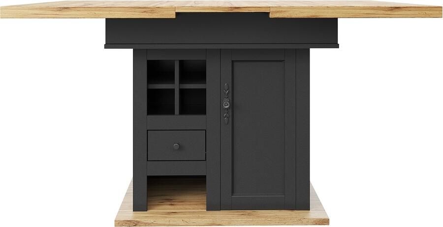 Ojiuboo -Moderne Serie Uitschuifbare Eettafel Verdikt MDF + PB-blad Met Wijnrek en Lade Dubbelzijdige Telescopische Rails Wit + Zwart 110-140x80cm