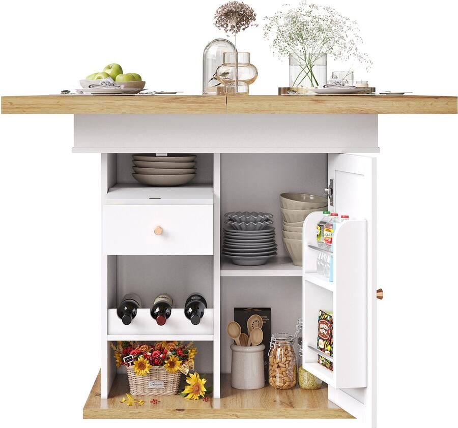 Ojiuboo -Moderne Serie Uitschuifbare Eettafel Verdikt MDF + PB-blad Opbergruimte voor snacks en wijnrekken Dubbelzijdig uitschuifbaar in drie stappen Wit + Zwart 110-140x80cm