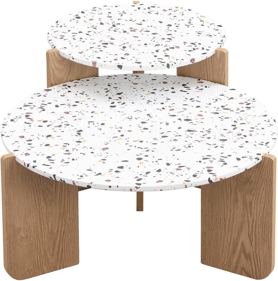 Ojiuboo -Moderne stapelbare salontafel Bijzettafelset van twee Woonkamerbank en balkontafel Wit + natuurlijk hout 70*70*35 cm + 50*50*45 5 cm