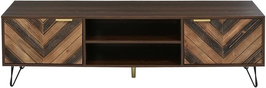 Ojiuboo -Moderne tv-kast Dubbele deuren dubbele compartimenten massief houten fineer gouden handgrepen + ijzeren poten Natuurlijk hout 155 x 38 x 48 cm