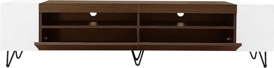 Ojiuboo -Moderne tv-kast Dubbele deuren + open vakken aan twee zijden Witte metalen poten Wit + natuurlijk hout 180x36x43cm