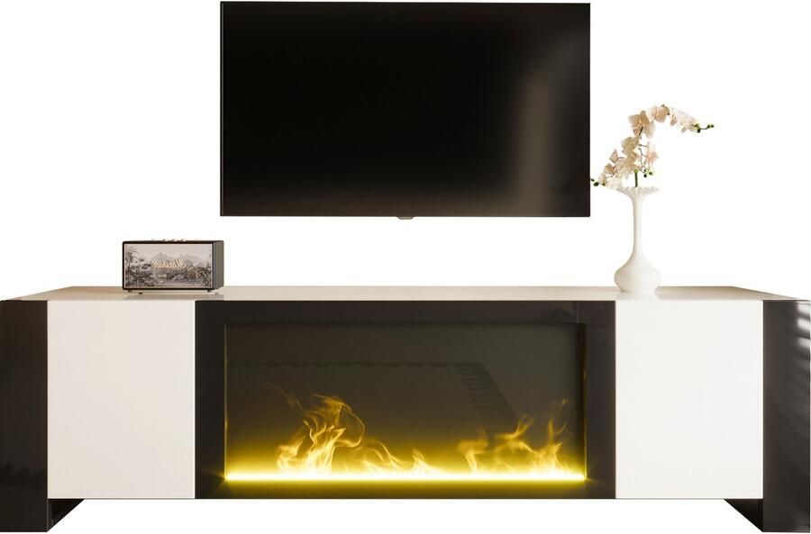 Ojiuboo -Moderne tv-kast met elektrische haard Hoogglans paneel Dubbele openslaande deuren Middenpoten Wit + Zwart 165x32x55cm