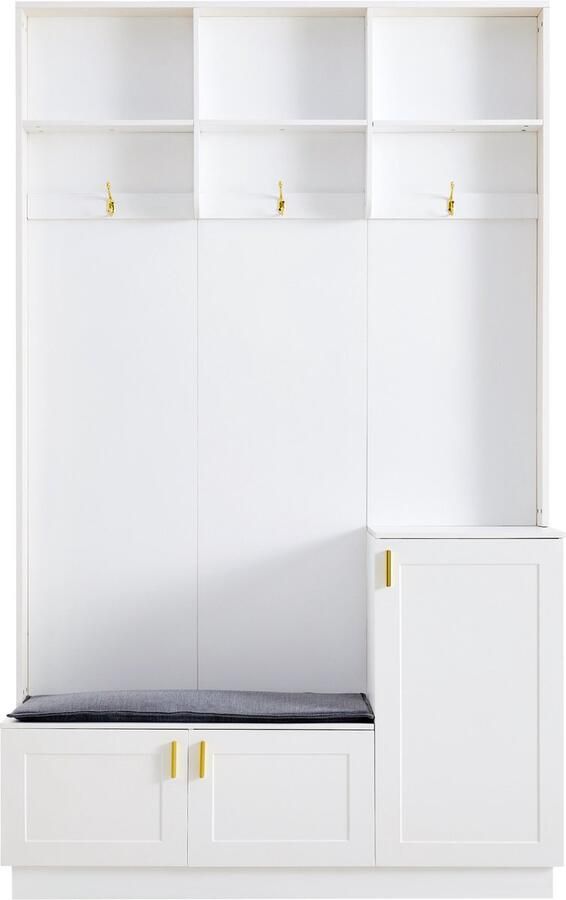Ojiuboo -Moderne witte halbankset multifunctionele schoenenbank met opbergruimte kapstok met 3 haken + open schoenenrek hoogglans deurpaneel met groef afmeting 200×120×40 cm