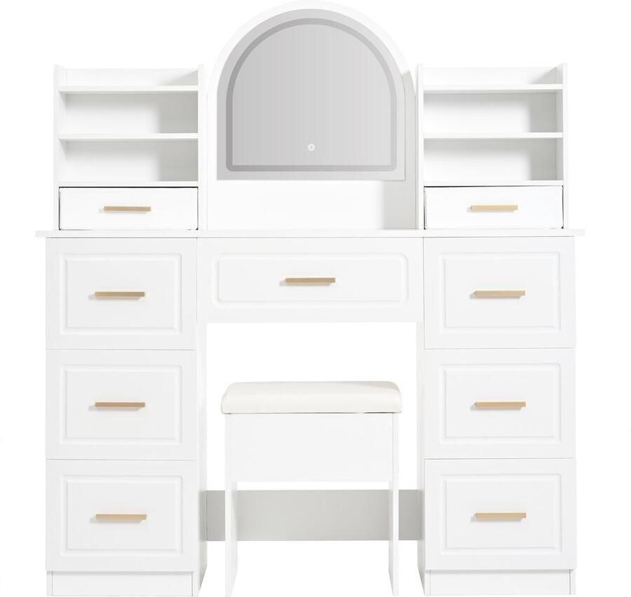Ojiuboo Moderne witte kaptafel met grote spiegel met ledverlichting 9 lades ruime opbergruimte geschikt voor slaapkamer en woonkamer 120×40×135 cm