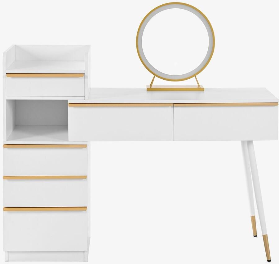 Ojiuboo Moderne witte kaptafel met uitschuifbaar bureaublad en dimbare led-spiegel 6 lades met ruime opbergruimte gouden handgrepen 102×100×41 5 cm (H×B×D)