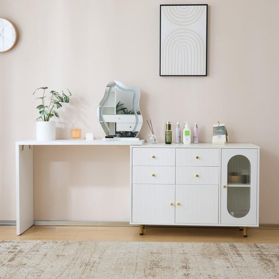 Ojiuboo Moderne witte kaptafelset Driekleurige verstelbare spiegel met ledverlichting Verwisselbare zijkast links en rechts Opbergruimte met meerdere laden Afmetingen 100 x 74 5 x 40 cm (exclusief kruk)