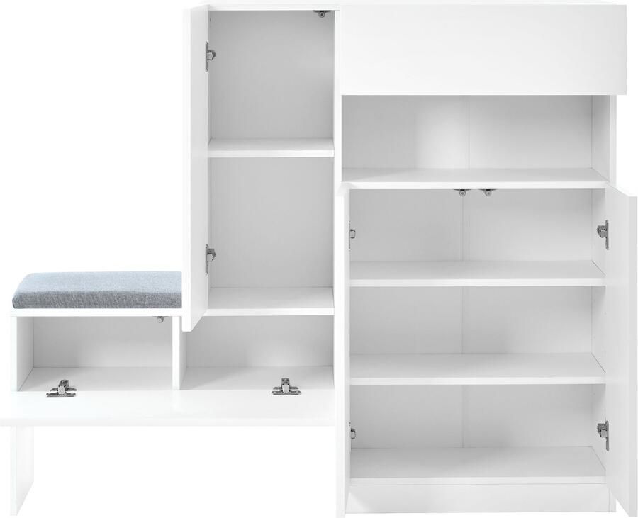 Ojiuboo Modieuze 2-in-1 schoenenkast met gebogen deuren gestoffeerde bank gewatteerde scharnierdeur in hoogte verstelbaar vak wit 130×35×110 cm