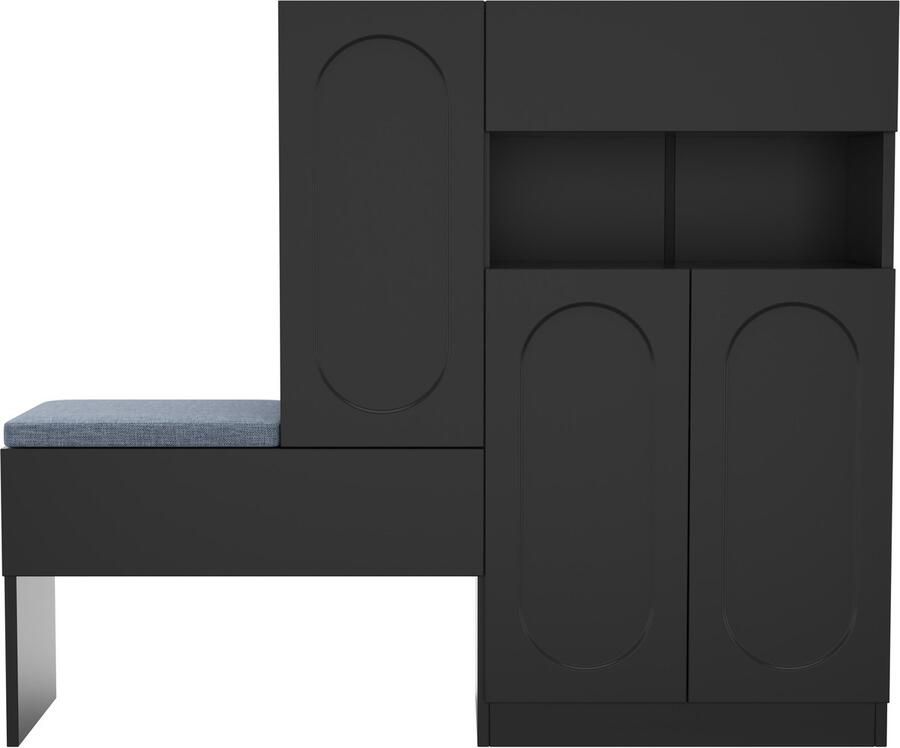 Ojiuboo Modieuze 2-in-1 schoenenkast met gebogen deuren gevoerde bank gewatteerde scharnierende deur in hoogte verstelbaar vak zwart 130×35×110 cm