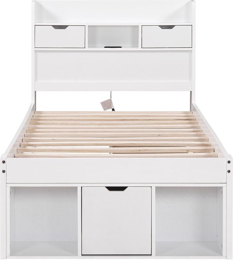 Ojiuboo -Multifunctioneel eenpersoonsbed met USB- en Type-C-aansluitingen – Met lades en opbergruimte – Kinderen Tieners – Wit – Matras niet inbegrepen – 90x200cm